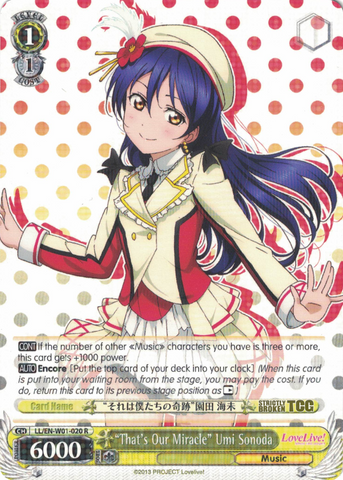 LL/EN-W01-020 "That's Our Miracle" Umi Sonoda - Love Live! DX English Weiss Schwarz Trading Card Game