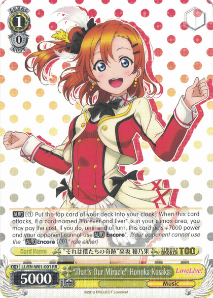 LL/EN-W01-001 "That's Our Miracle" Honoka Kosaka - Love Live! DX English Weiss Schwarz Trading Card Game