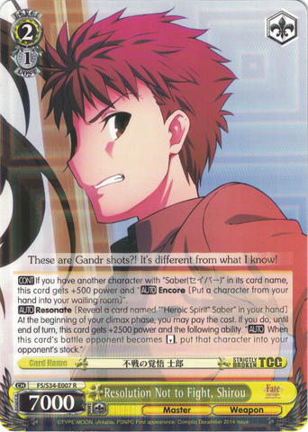 FS/S34-E007 Resolution Not to Fight, Shirou - Fate/Stay Night Unlimited Bladeworks Vol.1 English Weiss Schwarz Trading Card Game