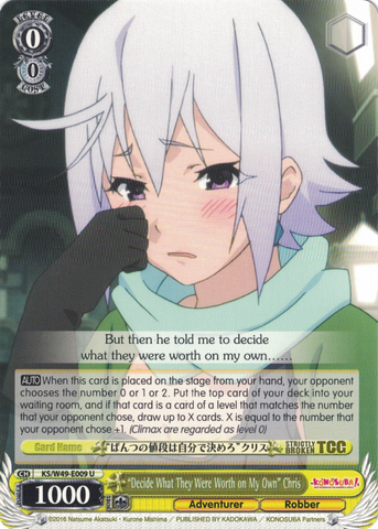 KS/W49-E009 “Decide What They Were Worth on My Own” Chris - KONOSUBA -God’s blessing on this wonderful world! Vol. 1 English Weiss Schwarz Trading Card Game