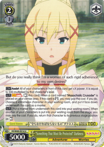 KS/W49-E014 “Something That Must Be Protected” Darkness - KONOSUBA -God’s blessing on this wonderful world! Vol. 1 English Weiss Schwarz Trading Card Game