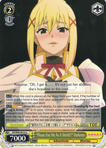 KS/W49-E015 “Please Use Me As A Shield!!” Darkness - KONOSUBA -God’s blessing on this wonderful world! Vol. 1 English Weiss Schwarz Trading Card Game