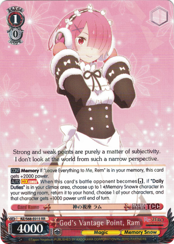 RZ/S68-E015 God's Vantage Point, Ram - Re:ZERO -Starting Life in Another World- Memory Snow English Weiss Schwarz Trading Card Game