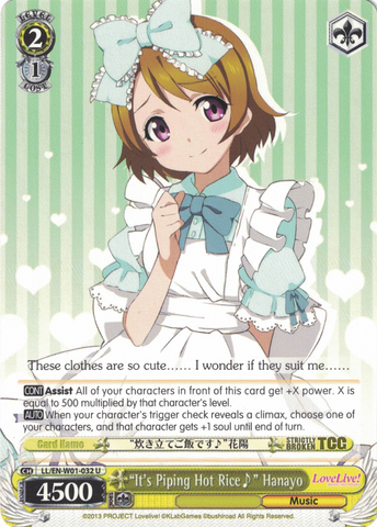 LL/EN-W01-032 "It's Piping Hot Rice♪" Hanayo - Love Live! DX English Weiss Schwarz Trading Card Game