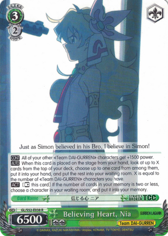 GL/S52-E038 Believing Heart, Nia - Gurren Lagann English Weiss Schwarz Trading Card Game