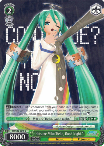PD/S22-E045 Hatsune Miku"Hello, Good Night." - Hatsune Miku -Project DIVA- ƒ English Weiss Schwarz Trading Card Game