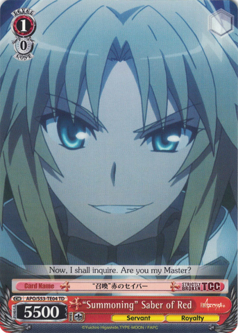 APO/S53-TE04 "Summoning" Saber of Red - Fate/Apocrypha Trial Deck English Weiss Schwarz Trading Card Game