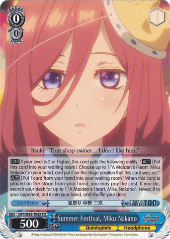 5HY/W83-TE43 Summer Festival, Miku Nakano - The Quintessential Quintuplets English Weiss Schwarz Trading Card Game