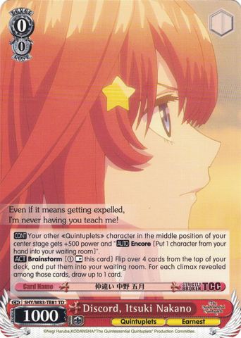 5HY/W83-TE81 Discord, Itsuki Nakano - The Quintessential Quintuplets English Weiss Schwarz Trading Card Game